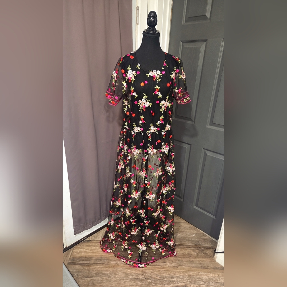 LuLaRoe Black Mesh Maxi Dress with Floral Embroidery